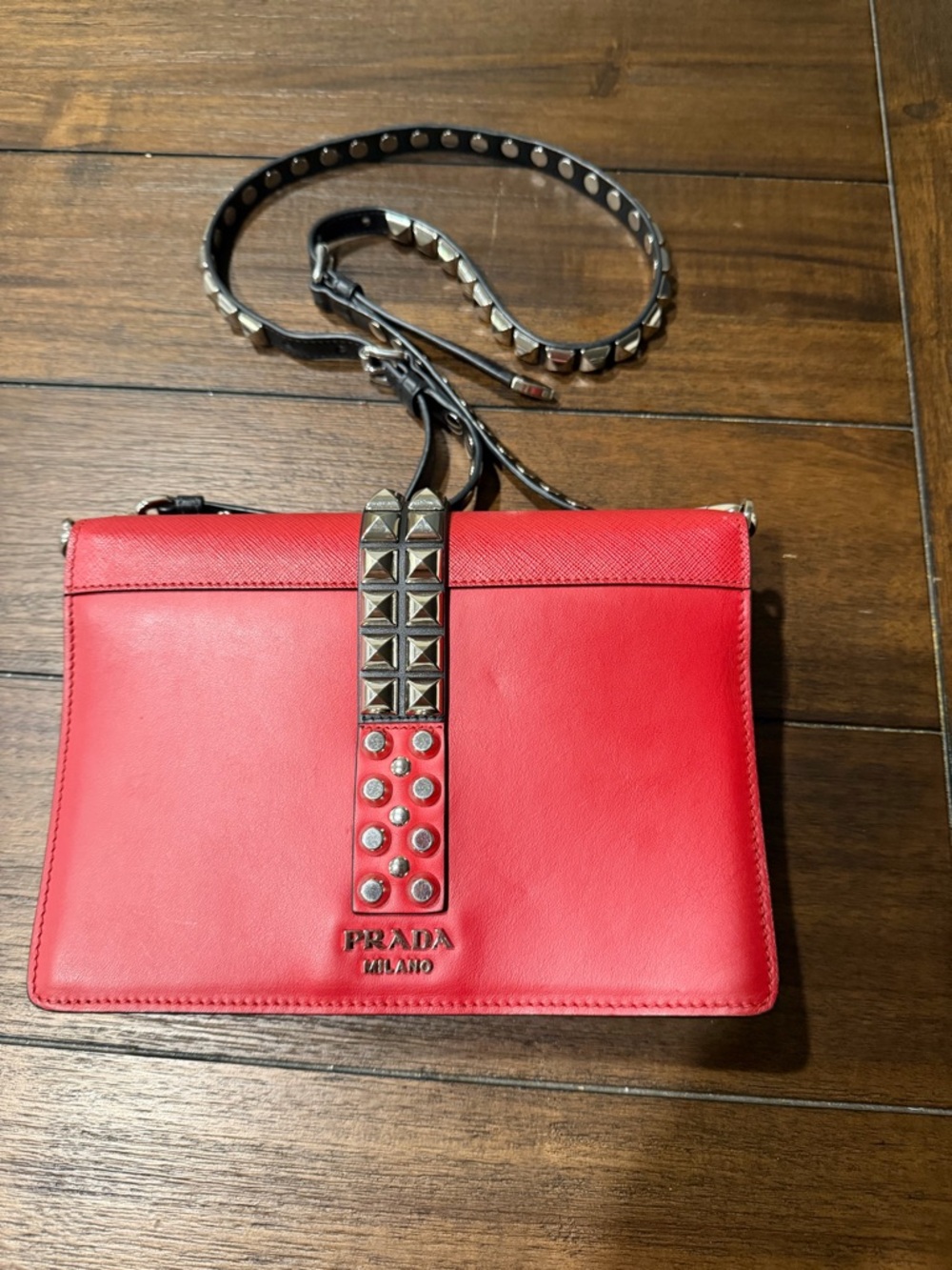 Prada Elektra Studded Red Leather Crossbody Bag with Removable Black Strap - Picture 2 of 10